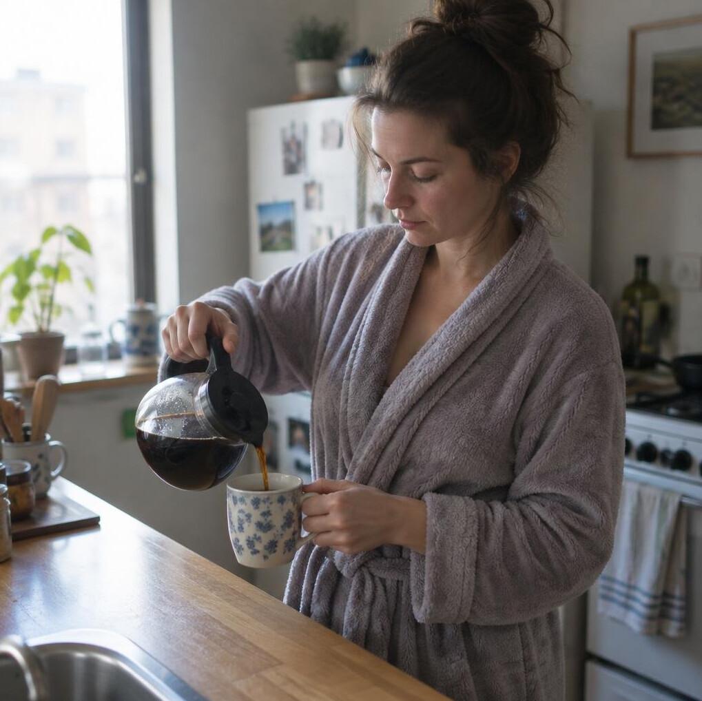 Woman making coffee in a small kitchen during her morning routine