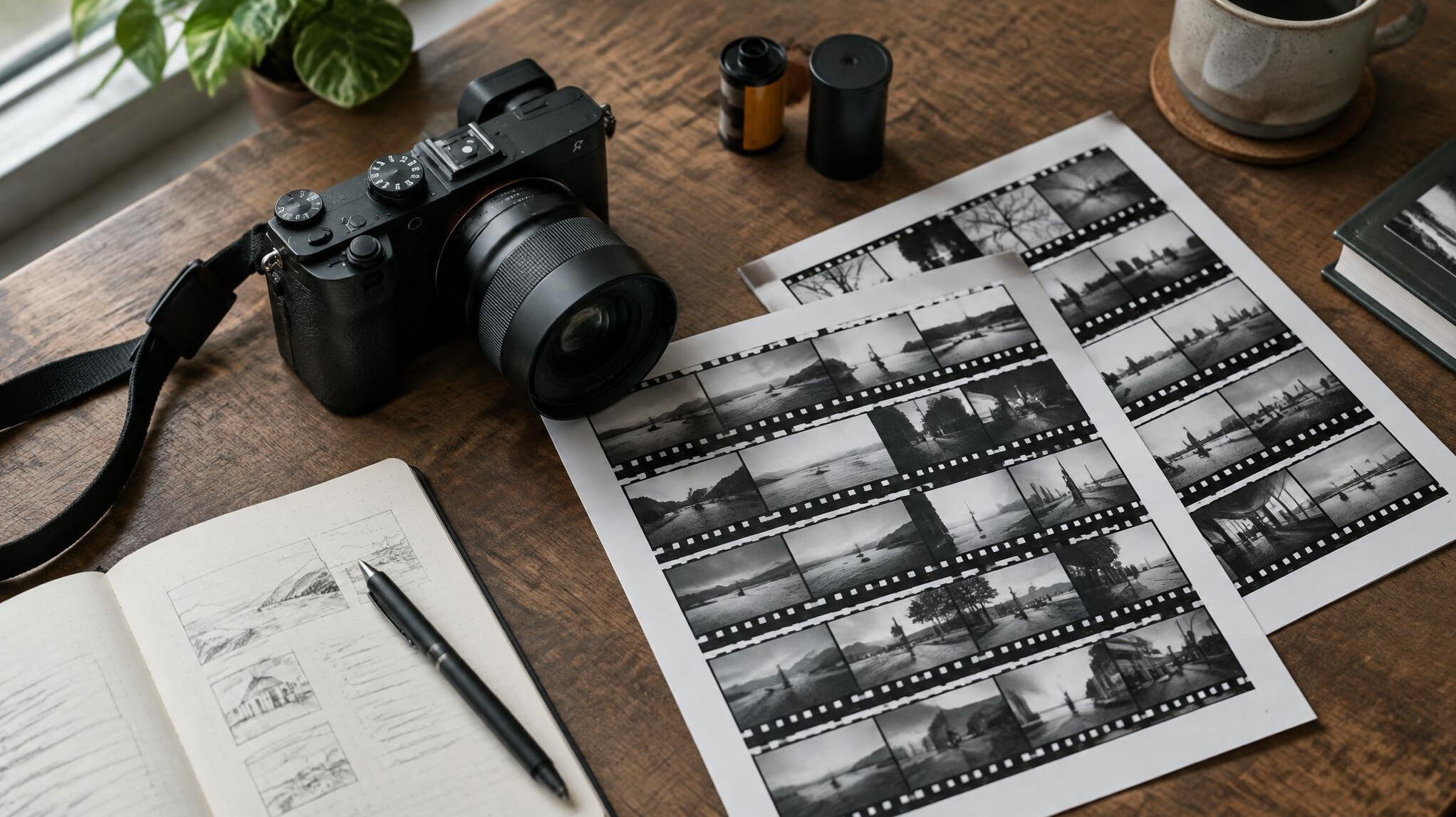 Camera and contact sheets on a light table